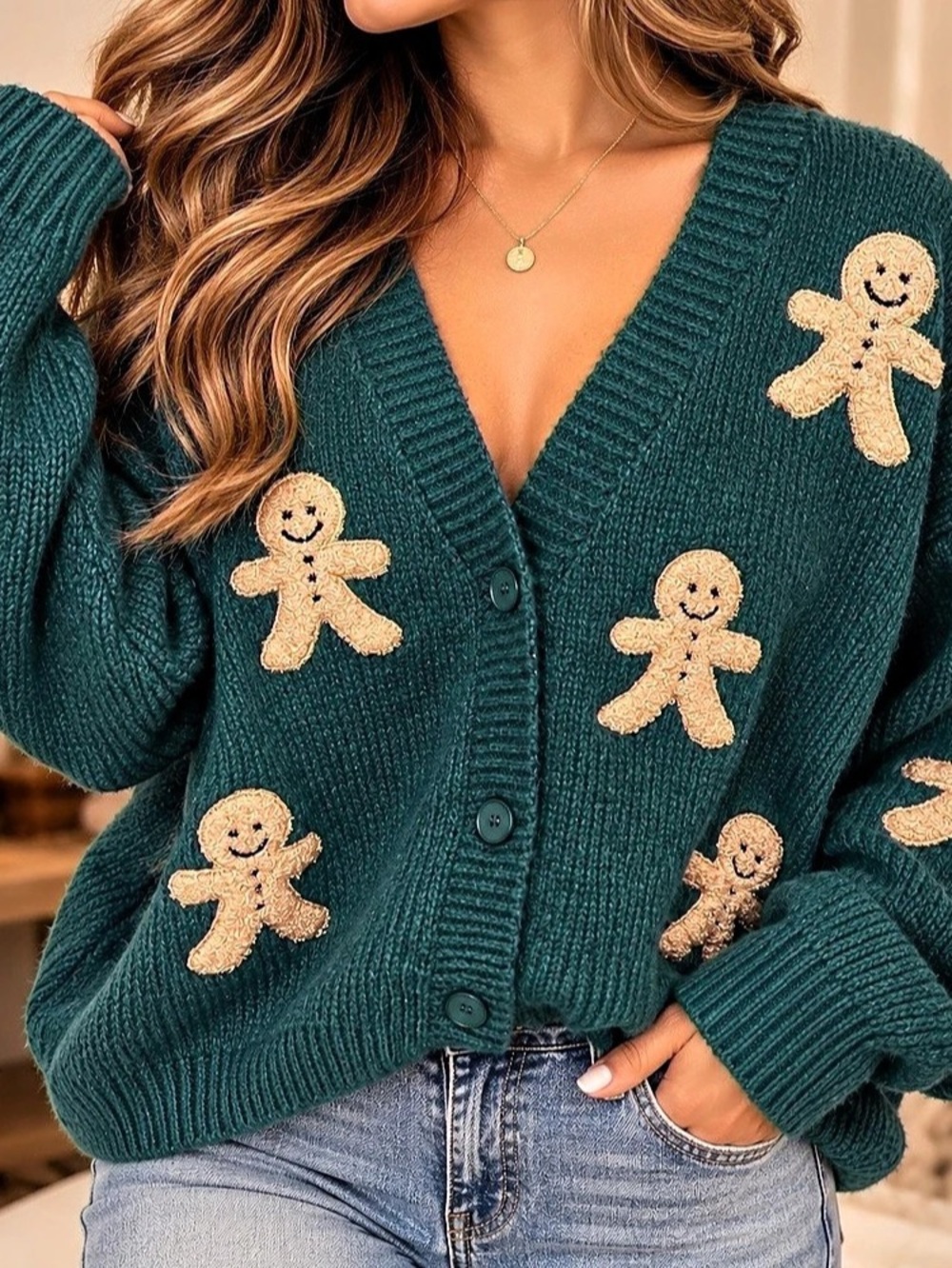 Large | Luna Ivy | Teal Gingerbread Christmas Cardigan Sweater NWT